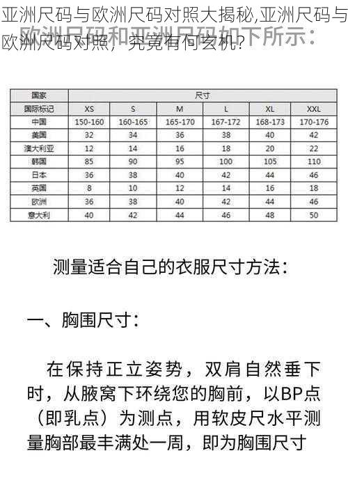 亚洲尺码与欧洲尺码对照大揭秘,亚洲尺码与欧洲尺码对照，究竟有何玄机？